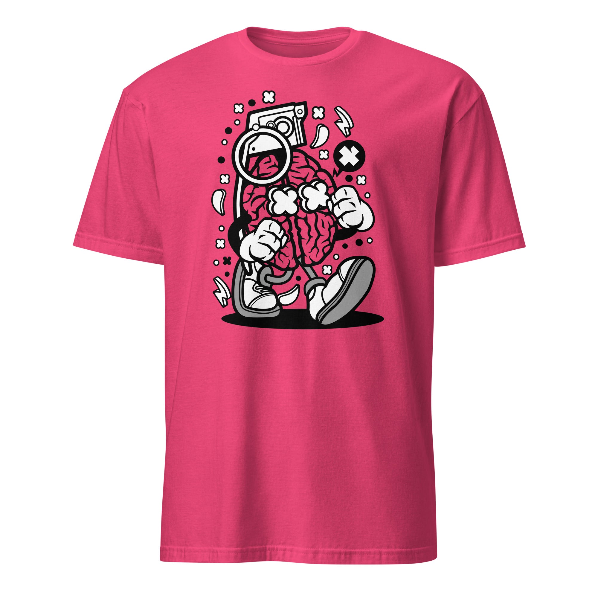 Pink t-shirt with a brain graphic design on a white background