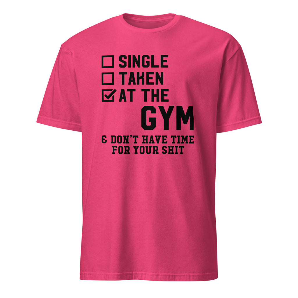 Pink t-shirt with black text on a white background