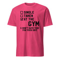 Pink t-shirt with black text on a white background