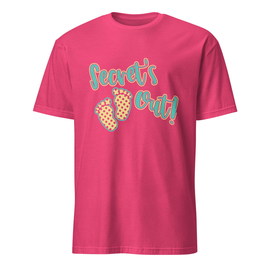 Heliconia t-shirt with 'Secret's Out!' text and footprints on a white background