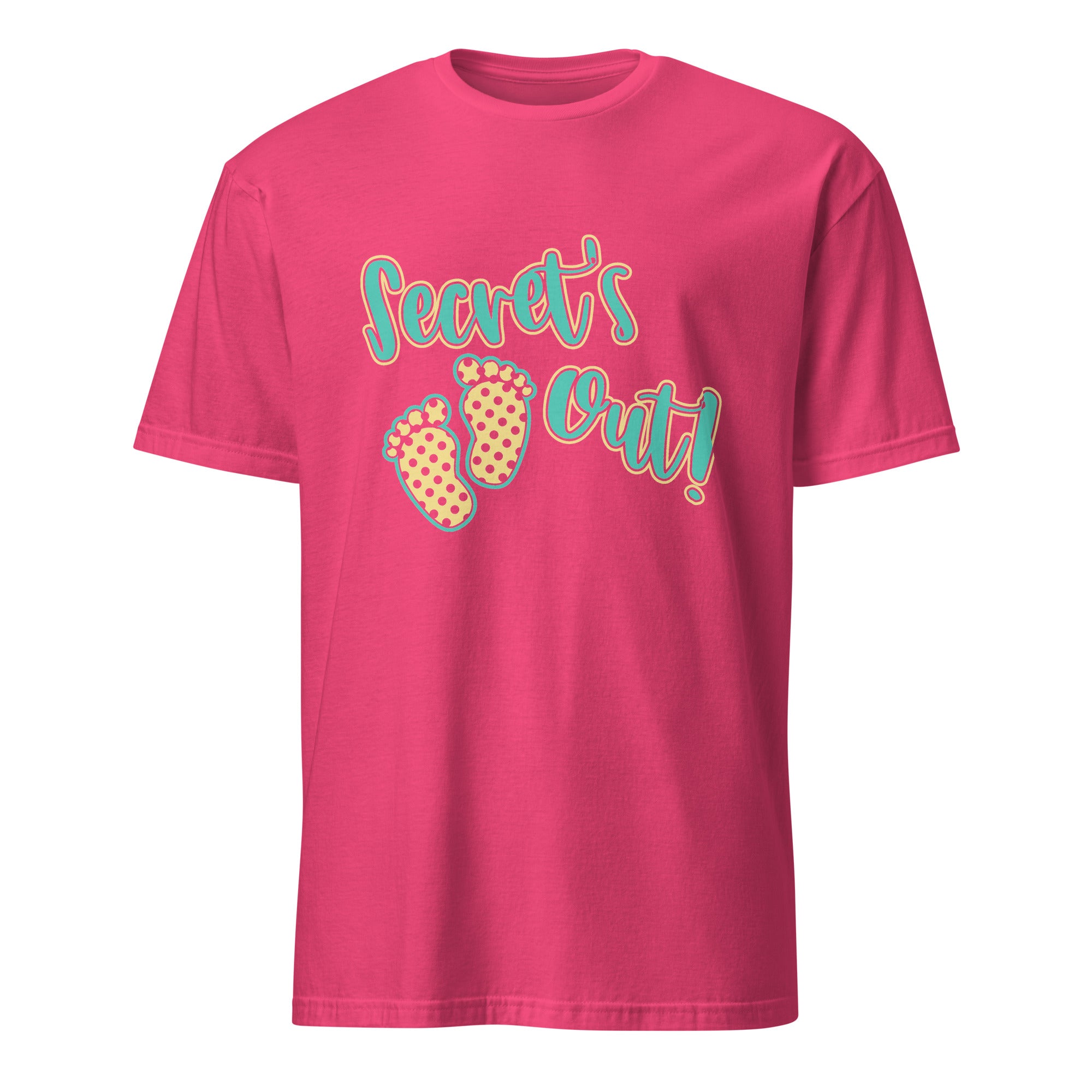 Heliconia t-shirt with 'Secret's Out!' text and footprints on a white background