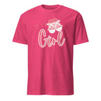 Pink graphic t-shirt with "It's a Girl!" design in pink and celebratory lettering, perfect for gender reveal parties, baby showers, and welcoming a new baby girl.