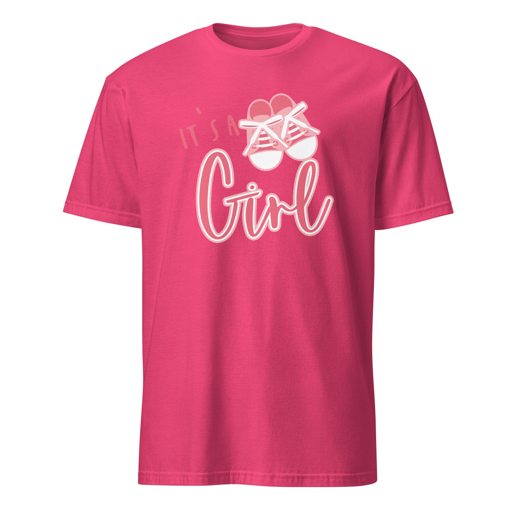 Pink graphic t-shirt with "It's a Girl!" design in pink and celebratory lettering, perfect for gender reveal parties, baby showers, and welcoming a new baby girl.