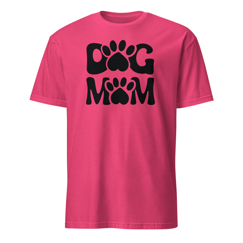 Pink t-shirt with 'Dog Mom' text and paw prints on a white background