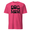 Pink t-shirt with 'Dog Mom' text and paw prints on a white background