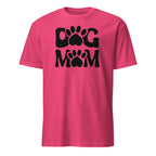 Pink t-shirt with 'Dog Mom' text and paw prints on a white background