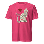 Pink t-shirt with a graphic design of a cat and text on a white background
