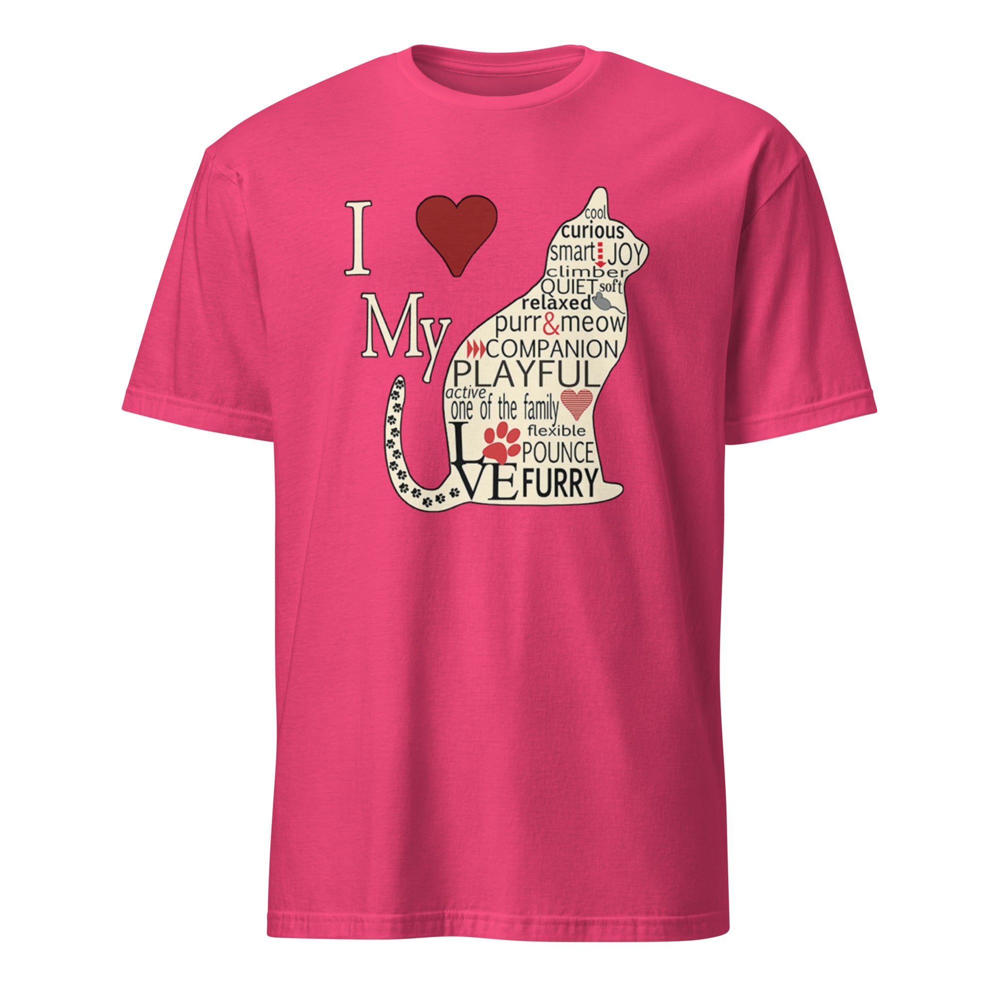 Pink t-shirt with a graphic design of a cat and text on a white background
