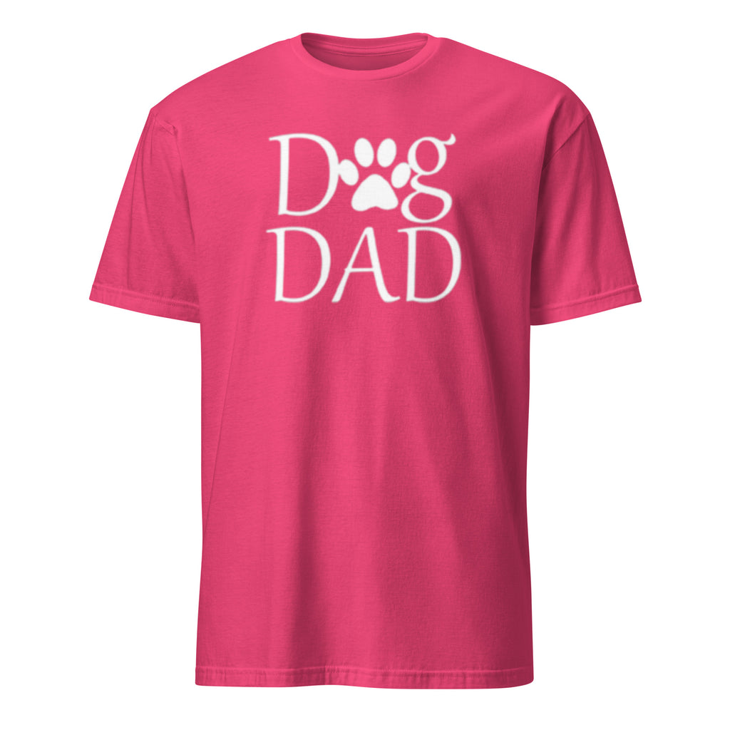 Pink t-shirt with 'Dog Dad' text and paw print on a white background