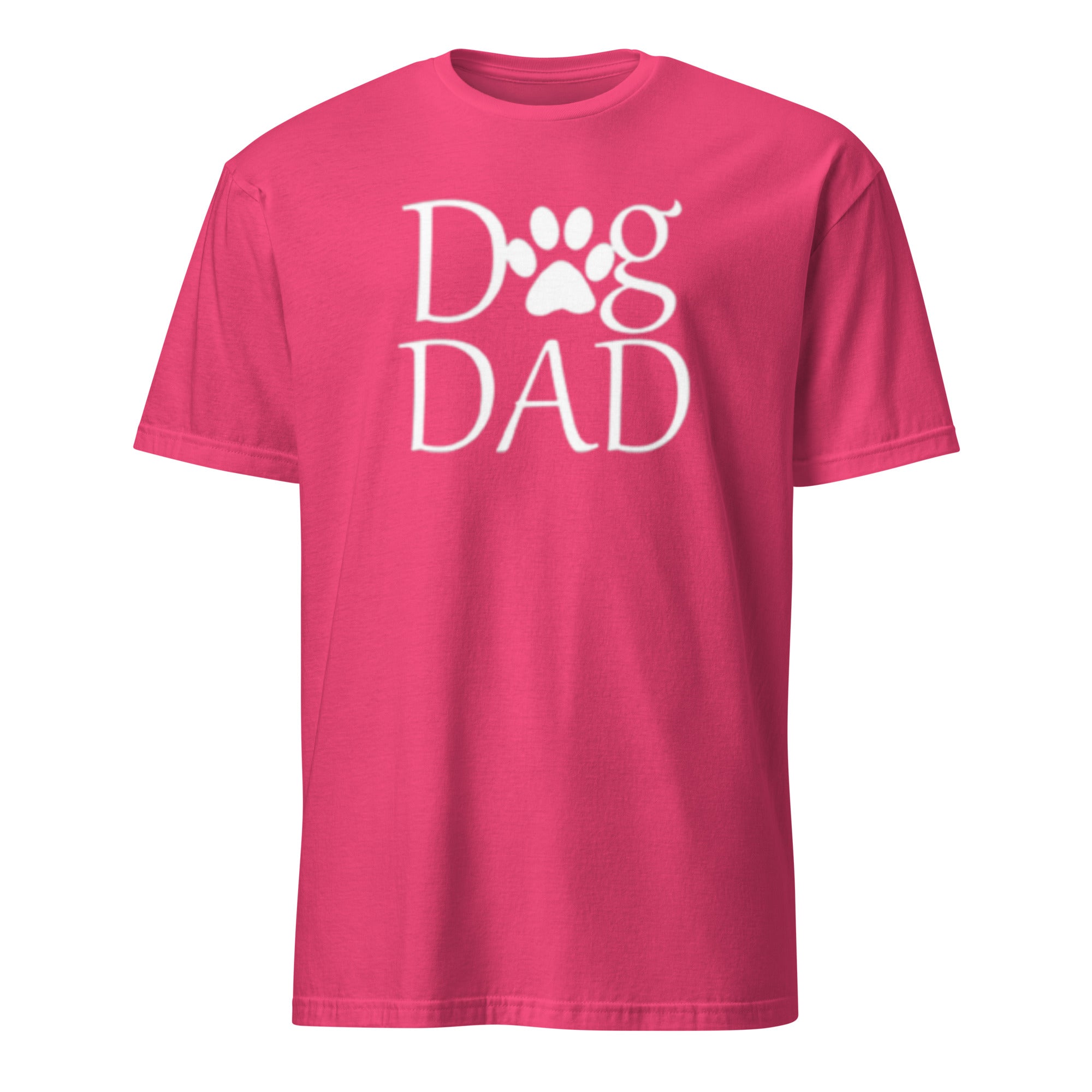 Pink t-shirt with 'Dog Dad' text and paw print on a white background