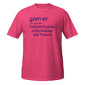 Pink t-shirt with blue Gamer Definition text on a white background