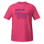 Pink t-shirt with blue Gamer Definition text on a white background