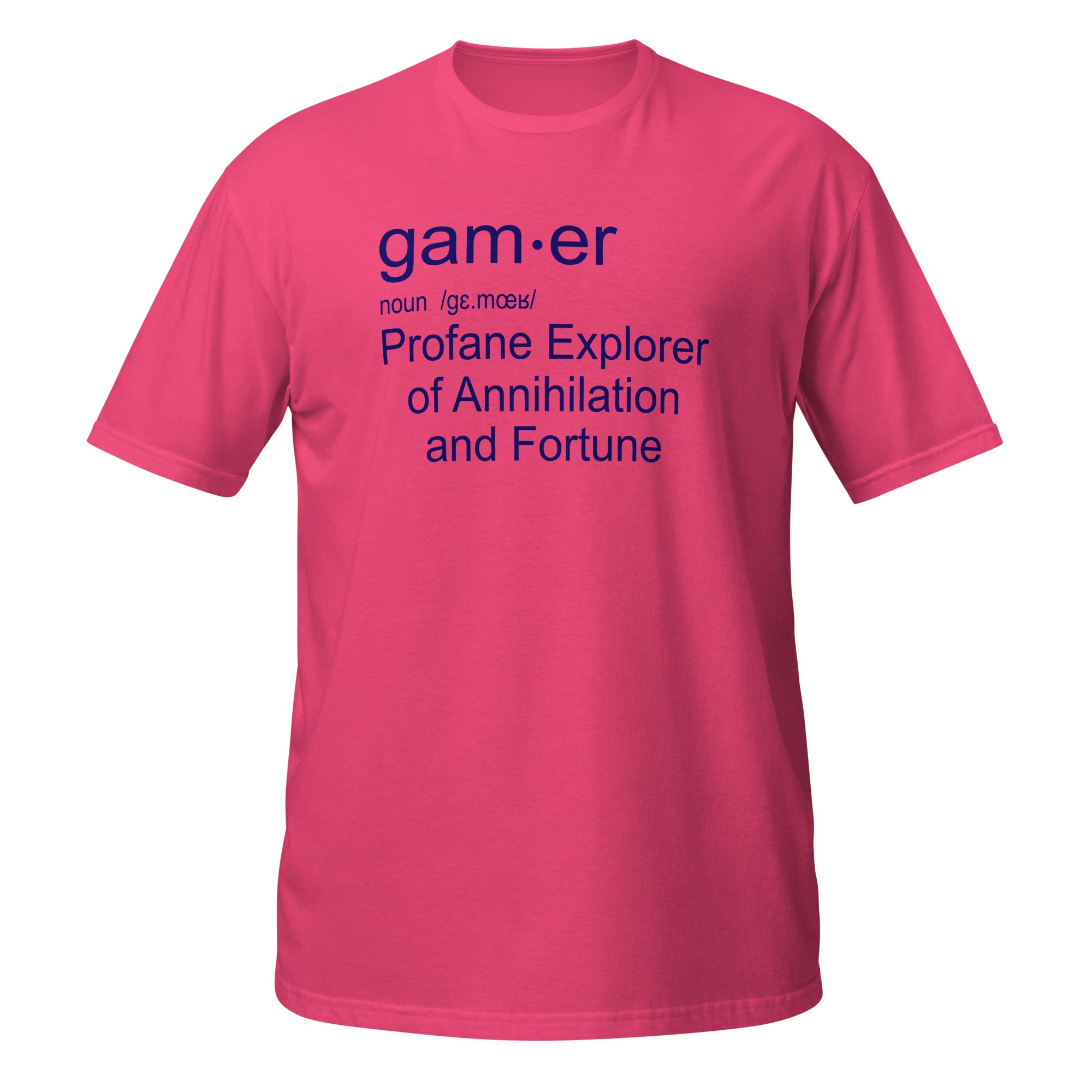 Pink t-shirt with blue Gamer Definition text on a white background