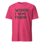 Pink t-shirt with 'Wishin' I Was Fishin'' text on a white background