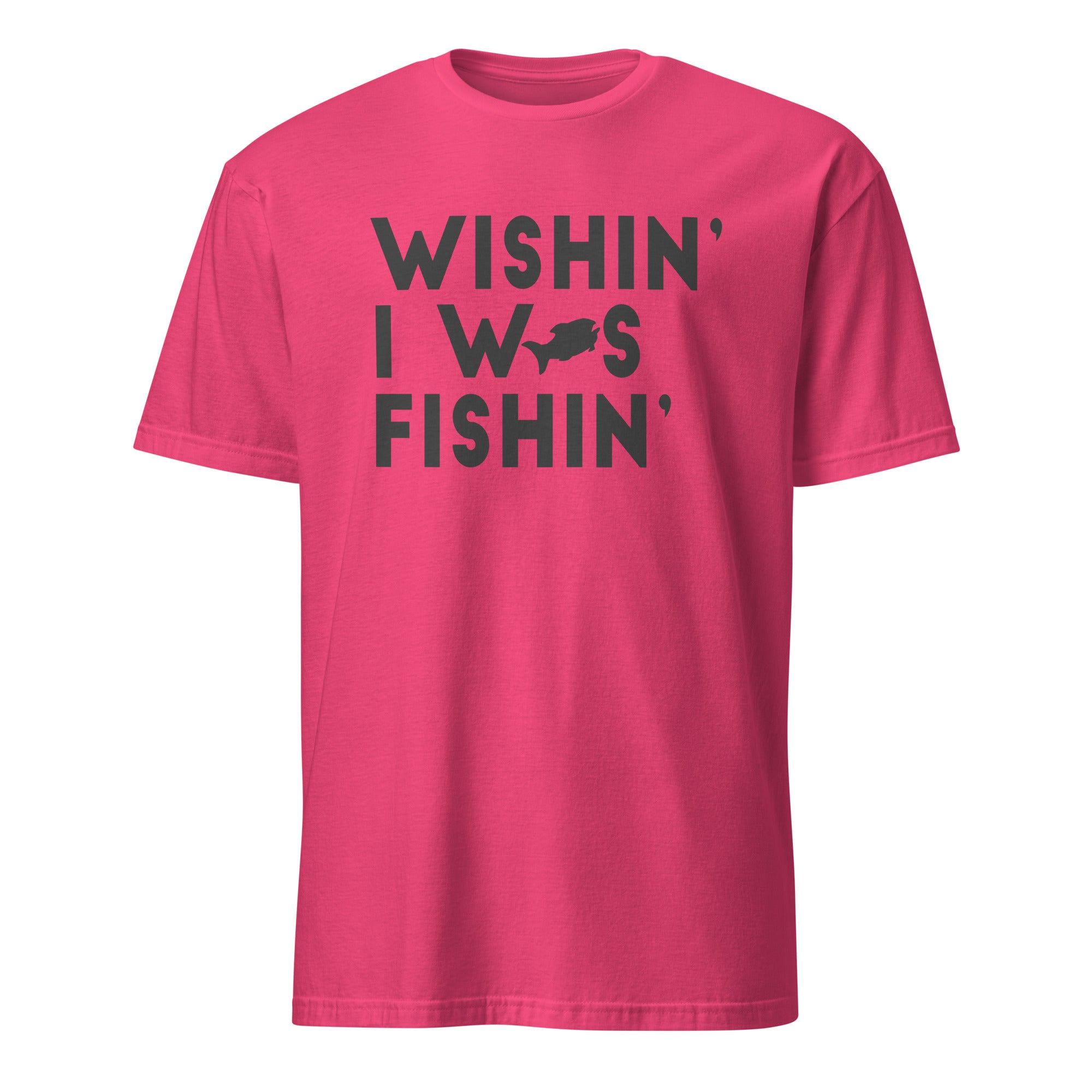 Pink t-shirt with 'Wishin' I Was Fishin'' text on a white background
