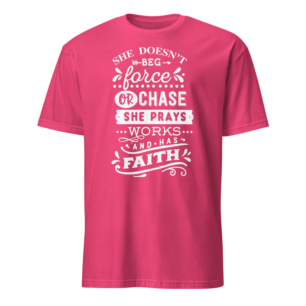 Pink t-shirt with white motivational text design on a white background