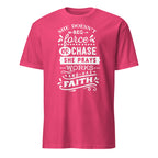 Pink t-shirt with white motivational text design on a white background