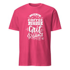 Pink t-shirt with white text design on a white background