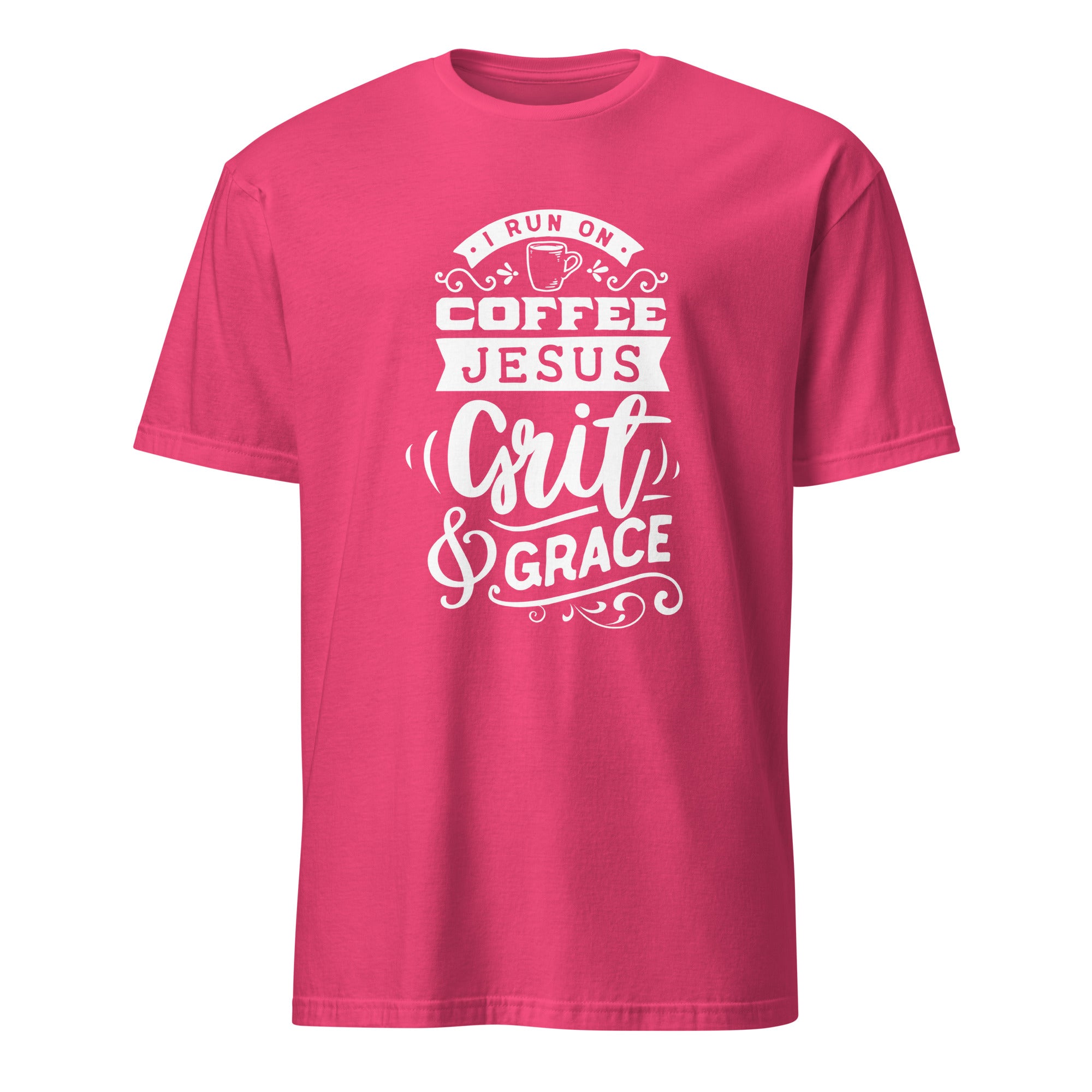 Pink t-shirt with white text design on a white background