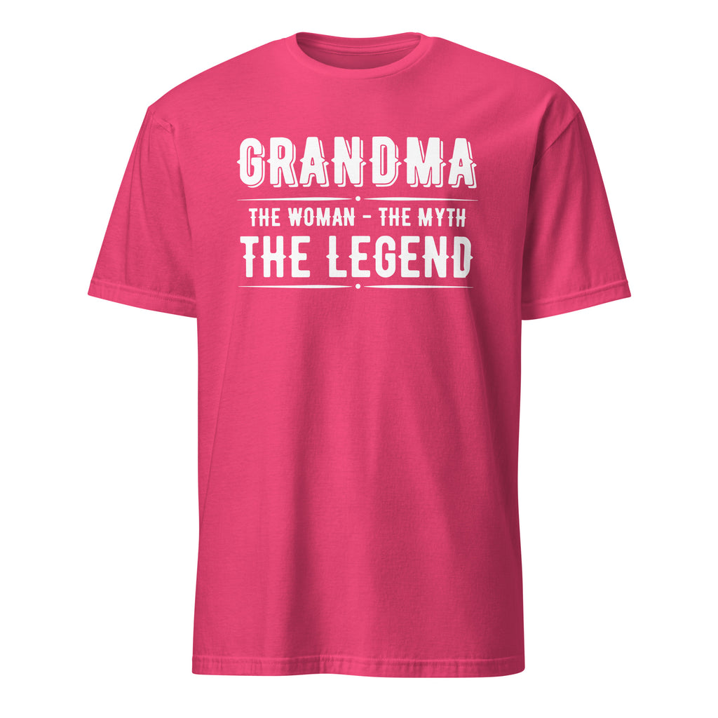 Pink t-shirt with white text 'GRANDMA THE WOMAN - THE MYTH THE LEGEND' on a white background