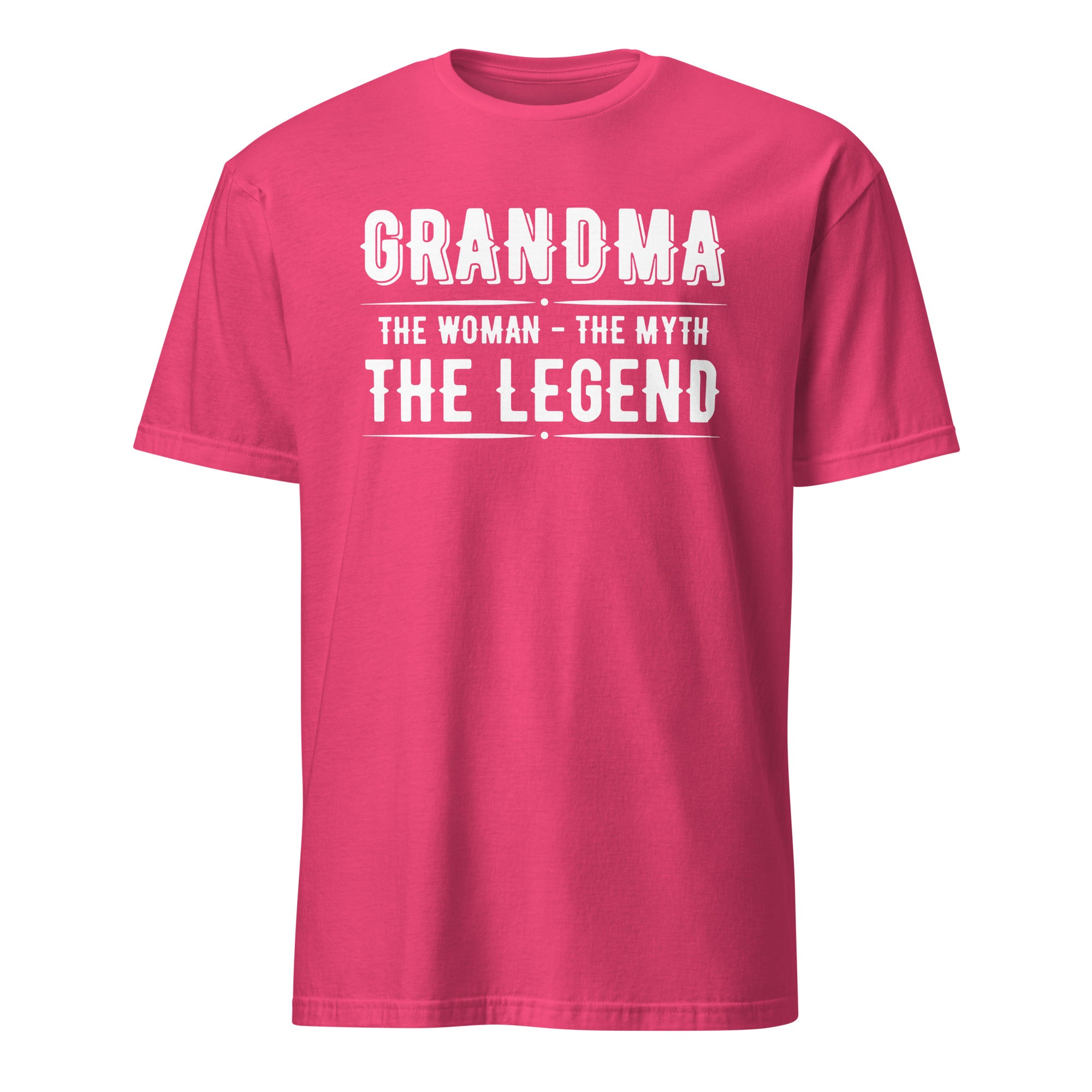 Pink t-shirt with white text 'GRANDMA THE WOMAN - THE MYTH THE LEGEND' on a white background