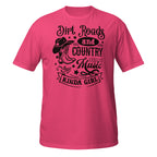 Pink t-shirt with a graphic and text 'Dirt Roads and country Music Kinda Girl' on a white background