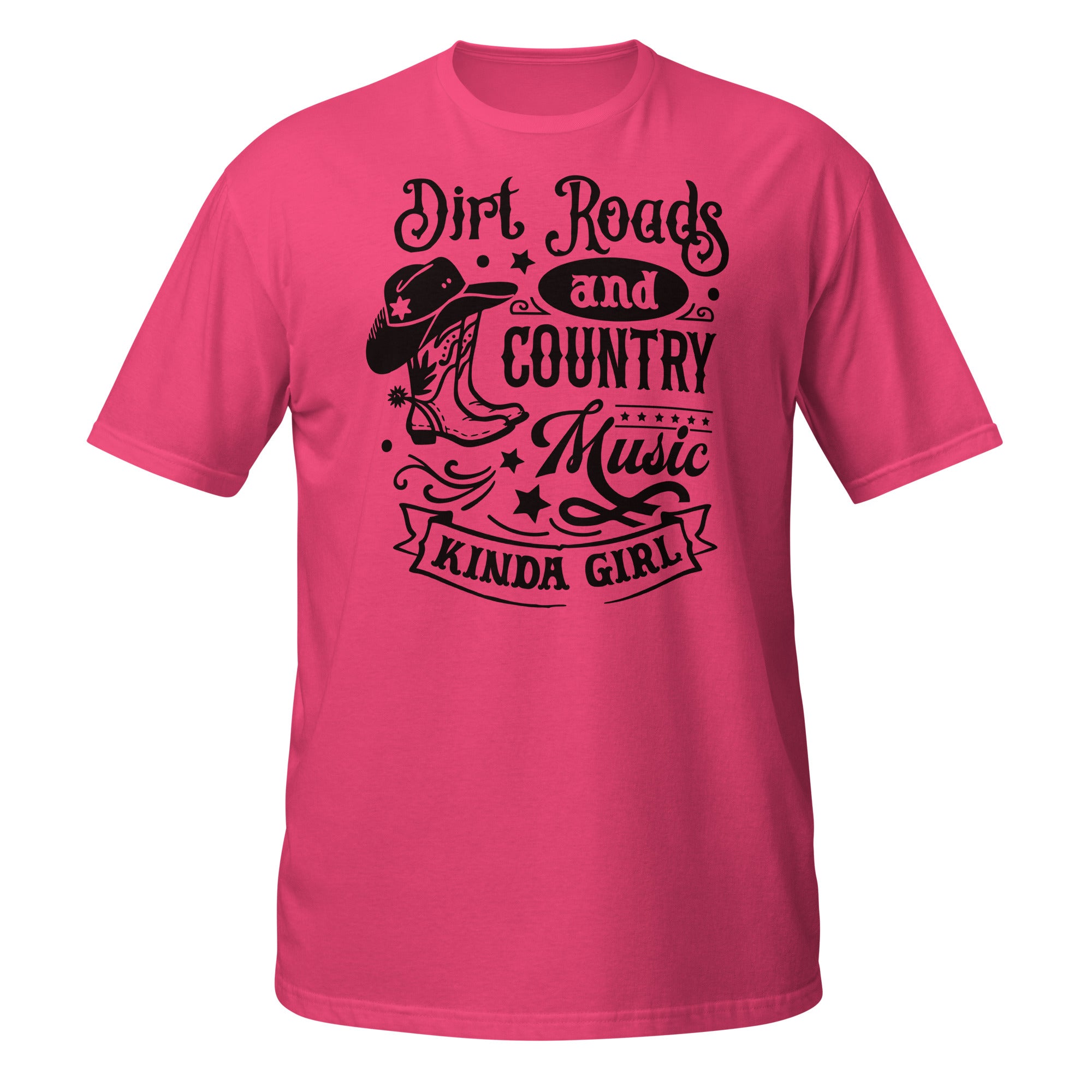 Pink t-shirt with a graphic and text 'Dirt Roads and country Music Kinda Girl' on a white background