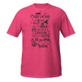 Pink t-shirt with black text and graphics on a white background
