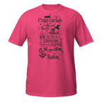 Pink t-shirt with black text and graphics on a white background