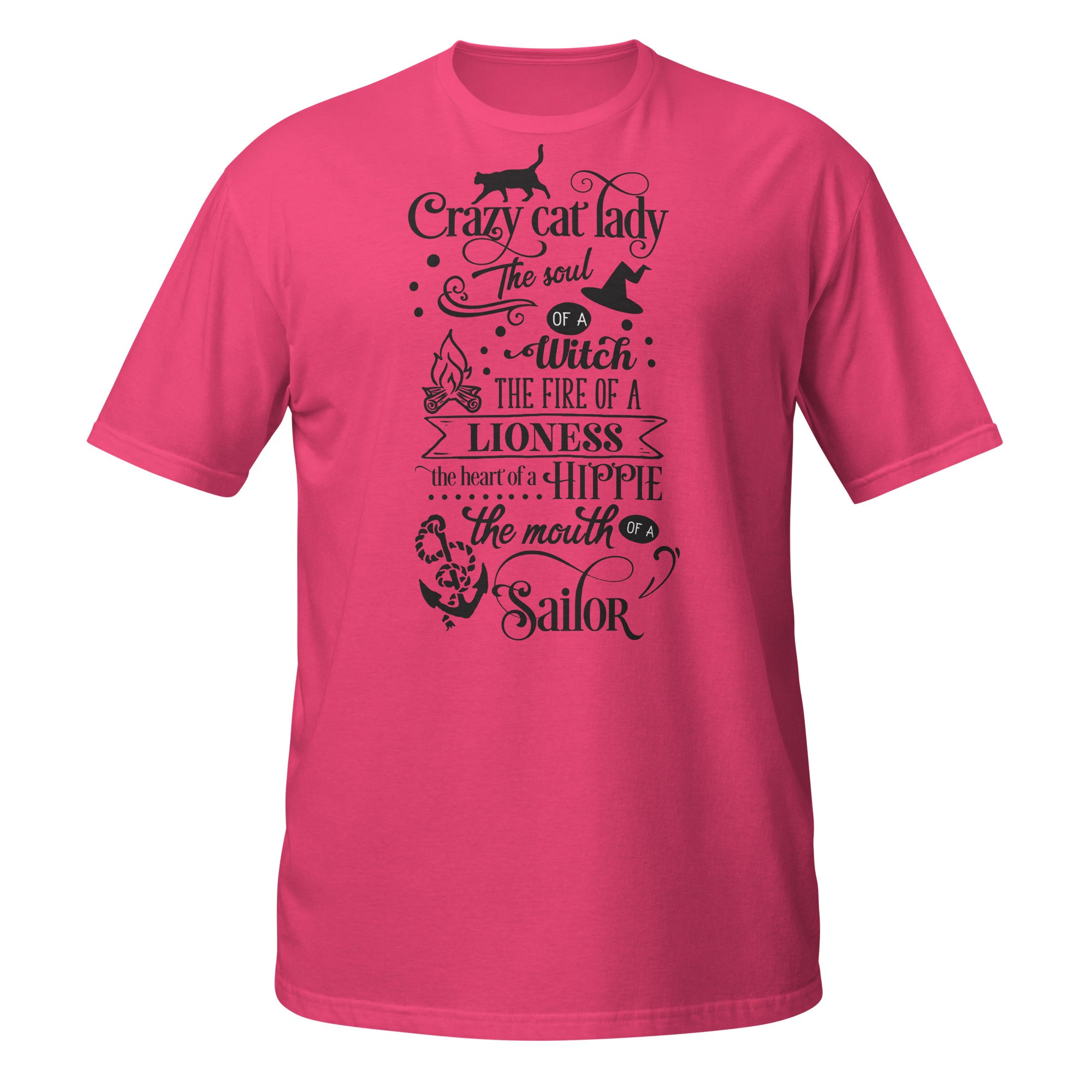 Pink t-shirt with black text and graphics on a white background