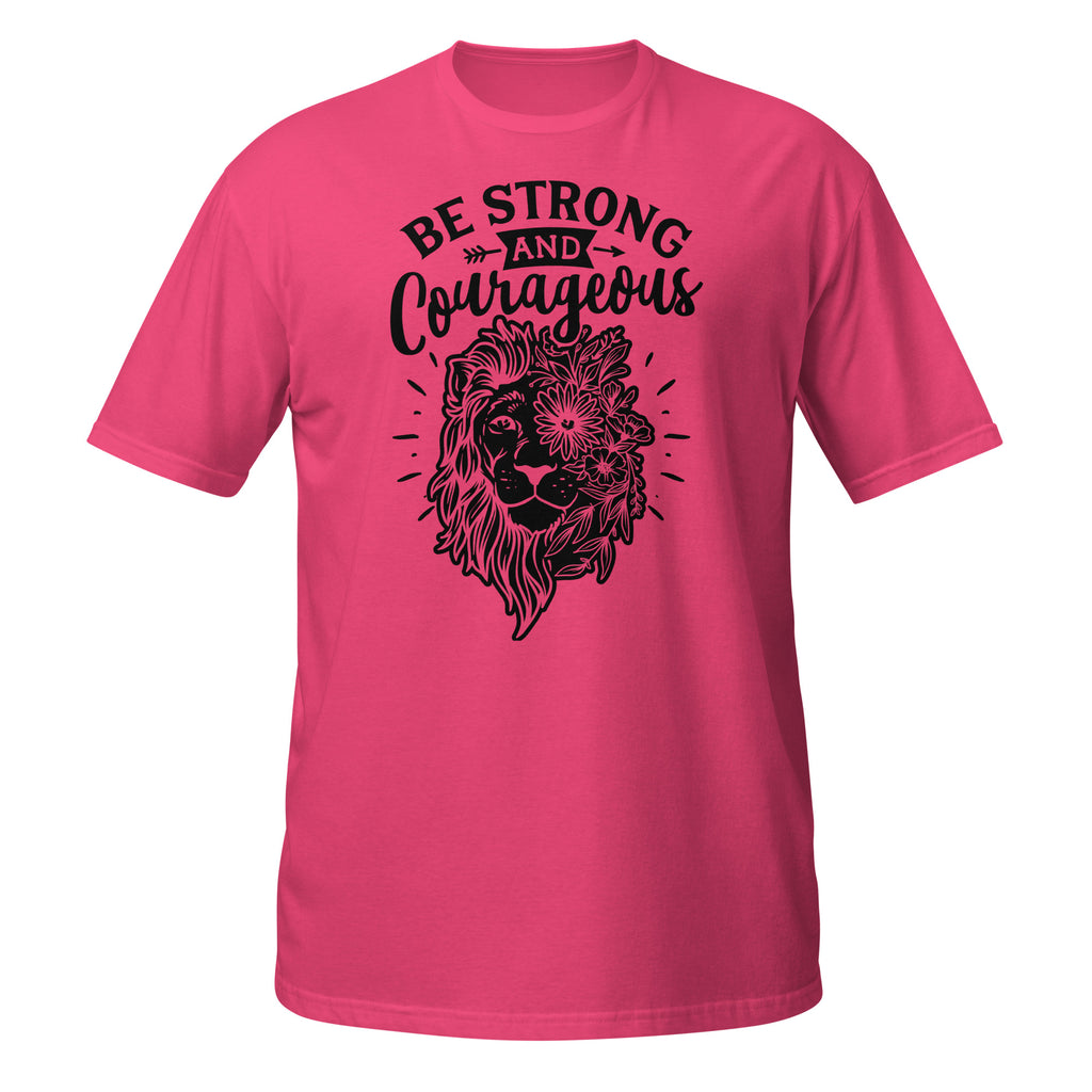 Pink t-shirt with black graphic and 'Be Strong and Courageous' text on a white background