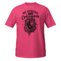 Pink t-shirt with black graphic and 'Be Strong and Courageous' text on a white background