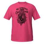 Pink t-shirt with black graphic and 'Be Strong and Courageous' text on a white background