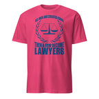 Pink t-shirt t-shirt with blue text and law scale graphic on a white background