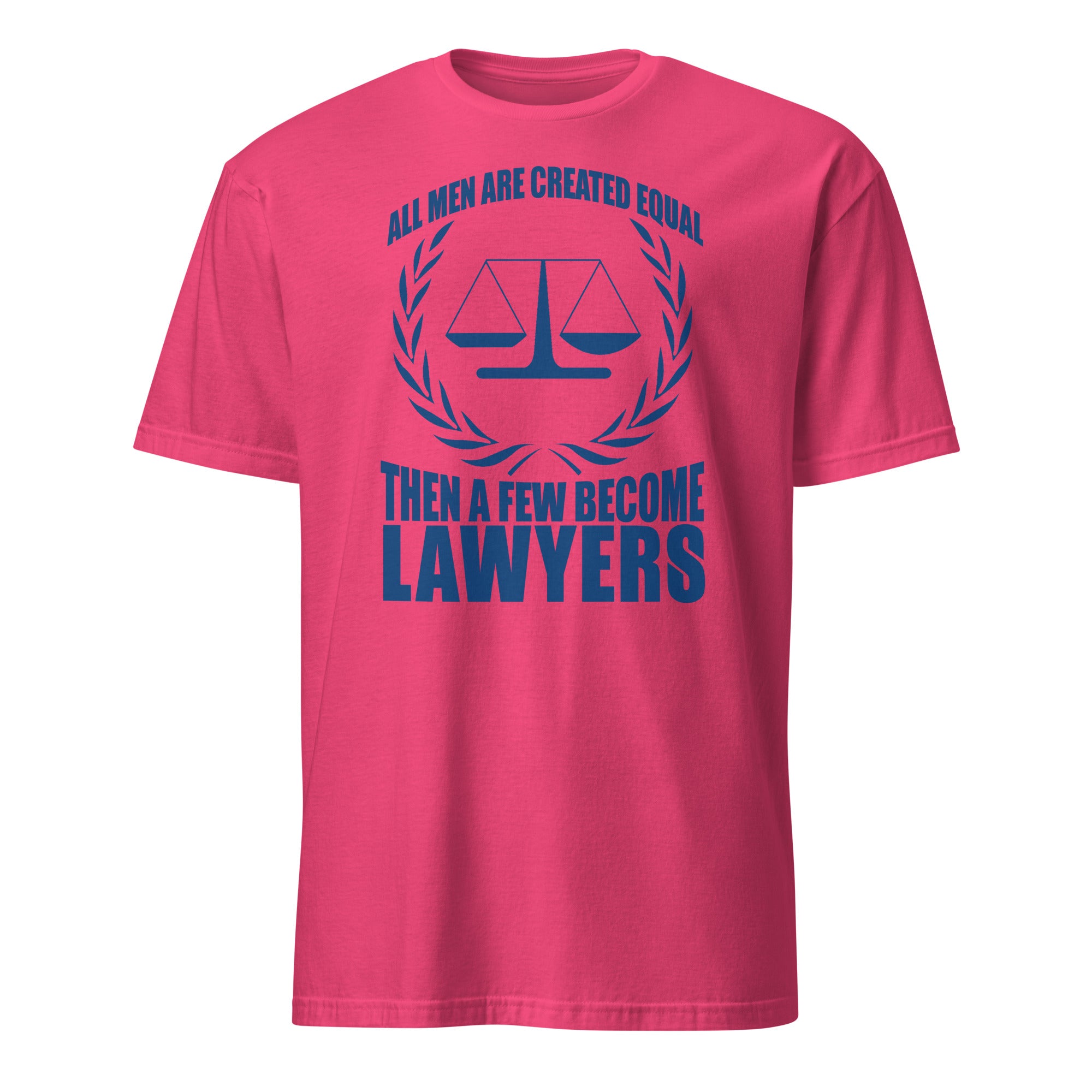 Pink t-shirt t-shirt with blue text and law scale graphic on a white background