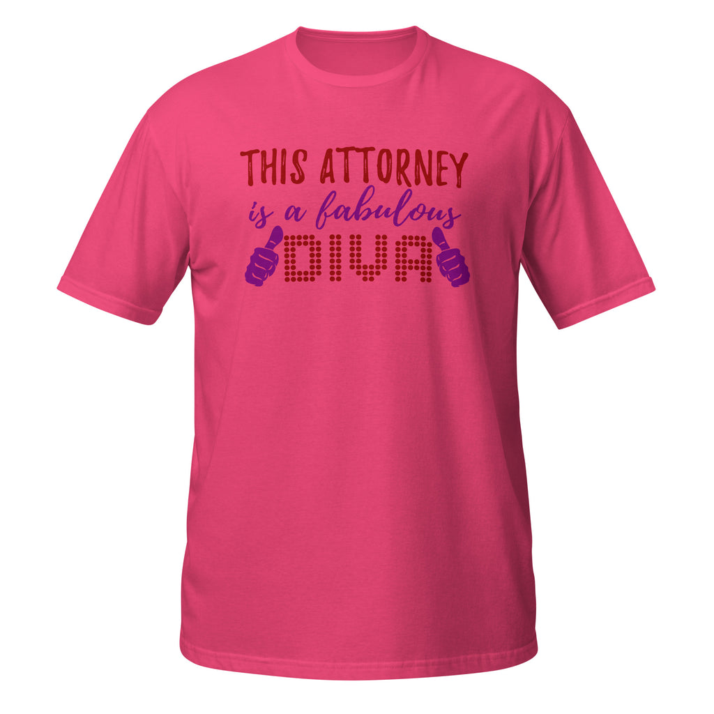 Pink t-shirt with text 'This Attorney is a fabulous DIVA' on a white background