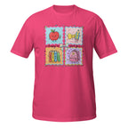 A bright pink short-sleeve t-shirt with a colorful school-themed graphic on the chest. The graphic features four panels: a red apple holding a pencil, a yellow bow tie, books, and a pink backpack, with the text 'Happy to your face' written across the center.