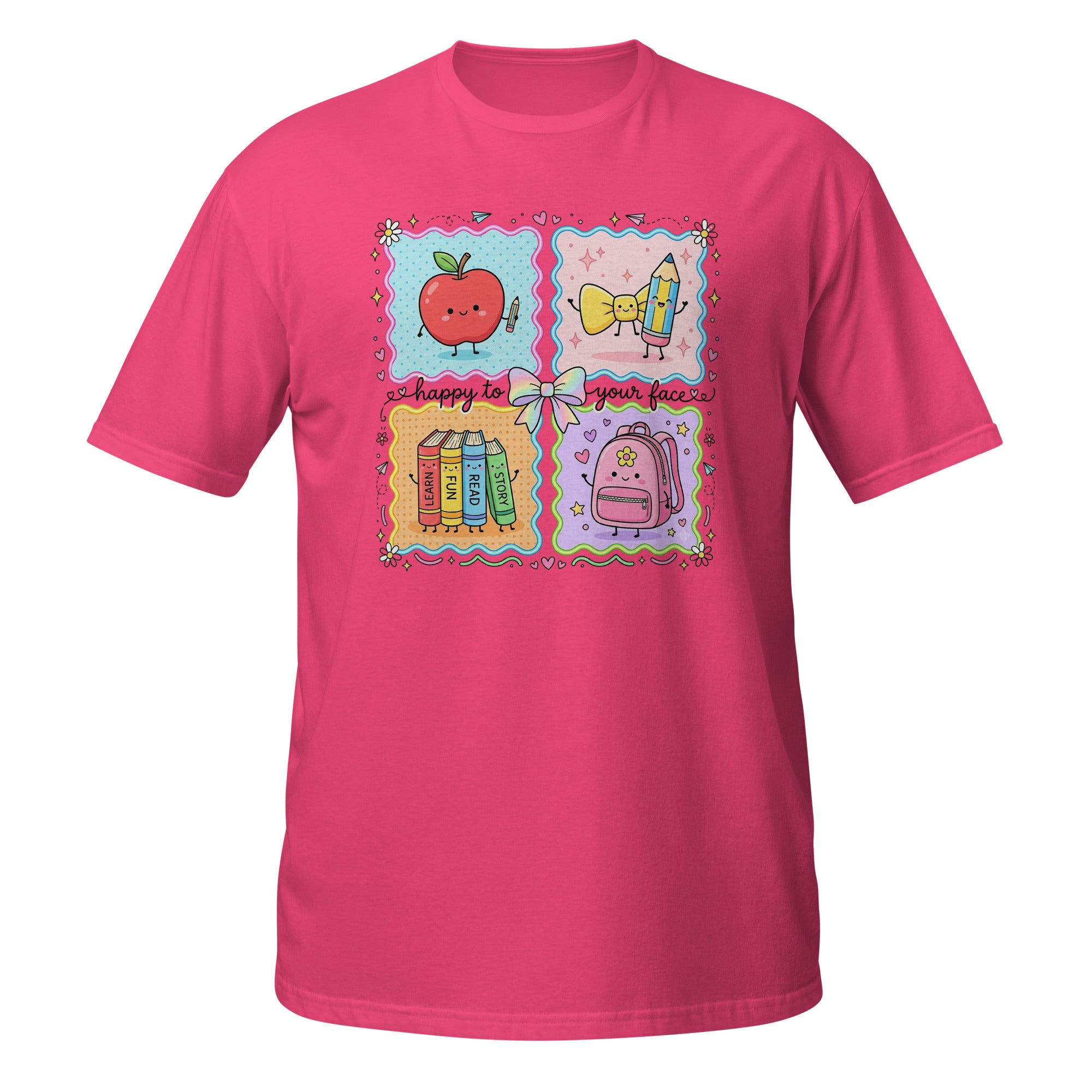 A bright pink short-sleeve t-shirt with a colorful school-themed graphic on the chest. The graphic features four panels: a red apple holding a pencil, a yellow bow tie, books, and a pink backpack, with the text 'Happy to your face' written across the center.