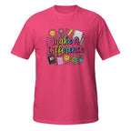 A bright pink short-sleeve t-shirt with a colorful graphic on the chest that reads 'make a Difference' surrounded by school-themed doodles like a lightbulb, notebook, pencil, and books.