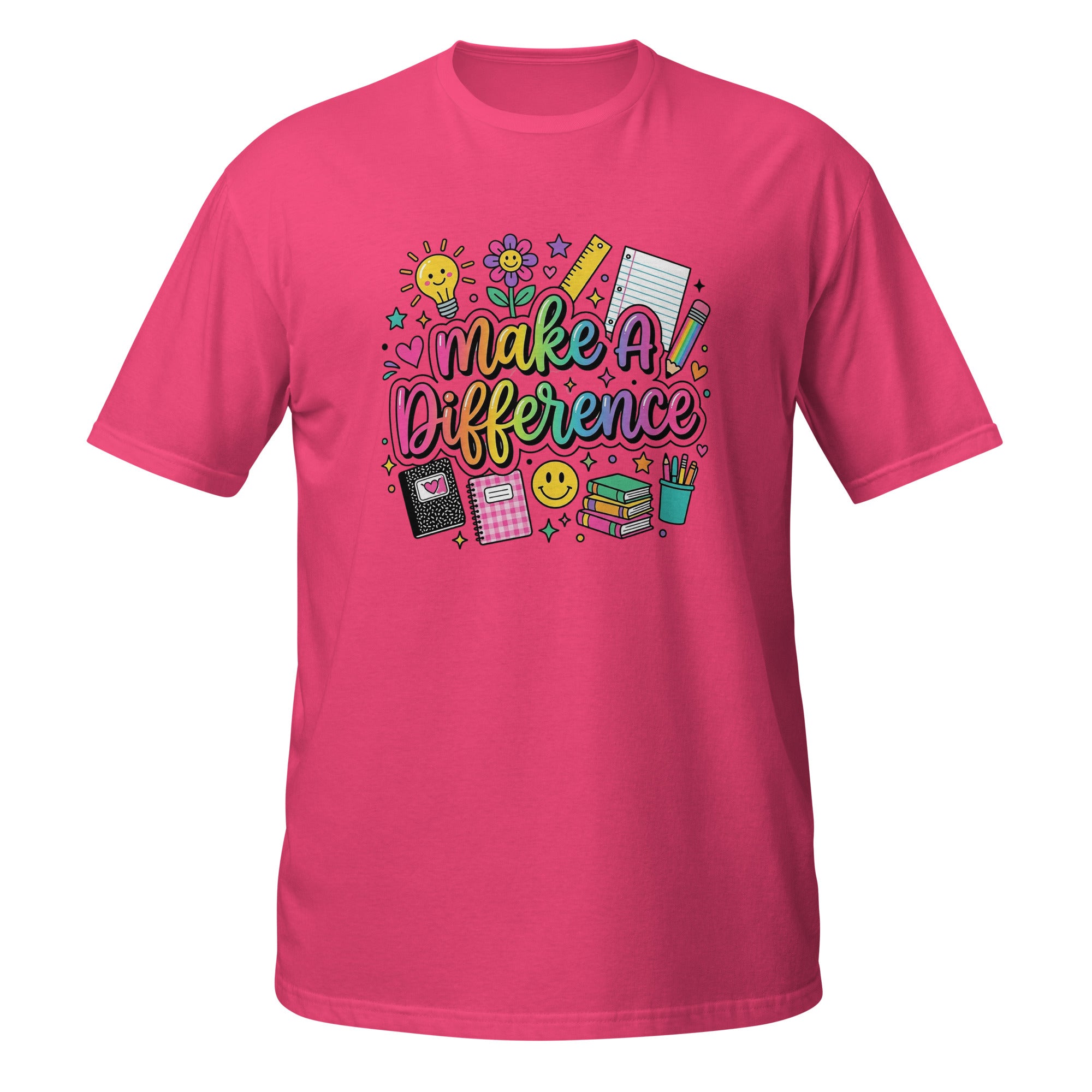 A bright pink short-sleeve t-shirt with a colorful graphic on the chest that reads 'make a Difference' surrounded by school-themed doodles like a lightbulb, notebook, pencil, and books.
