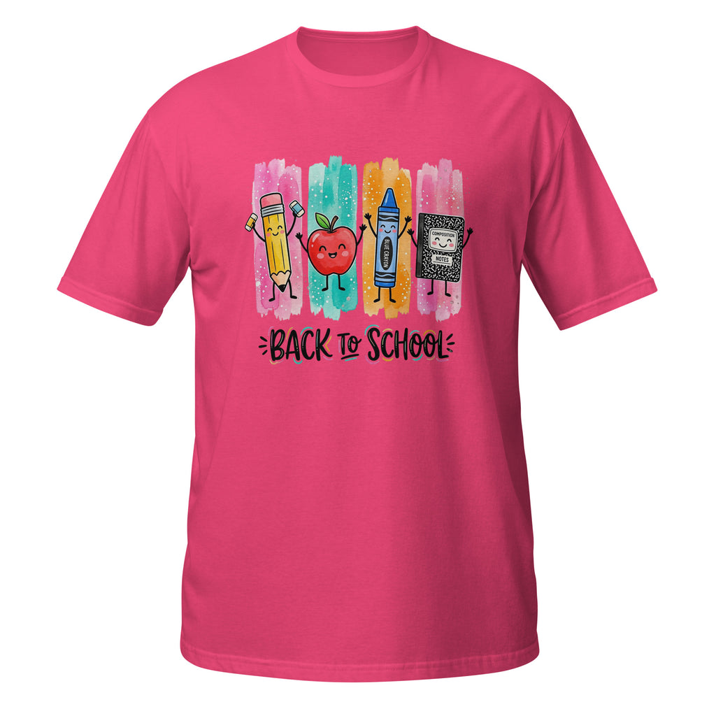 A bright pink short-sleeve t-shirt with a colorful 'Back to School' graphic on the chest, featuring cartoon drawings of a pencil, apple, crayon, and notebook over vertical paint strokes.