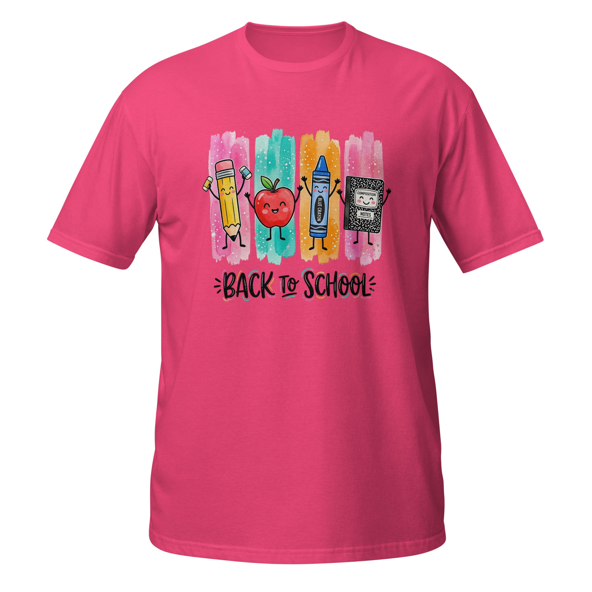 A bright pink short-sleeve t-shirt with a colorful 'Back to School' graphic on the chest, featuring cartoon drawings of a pencil, apple, crayon, and notebook over vertical paint strokes.
