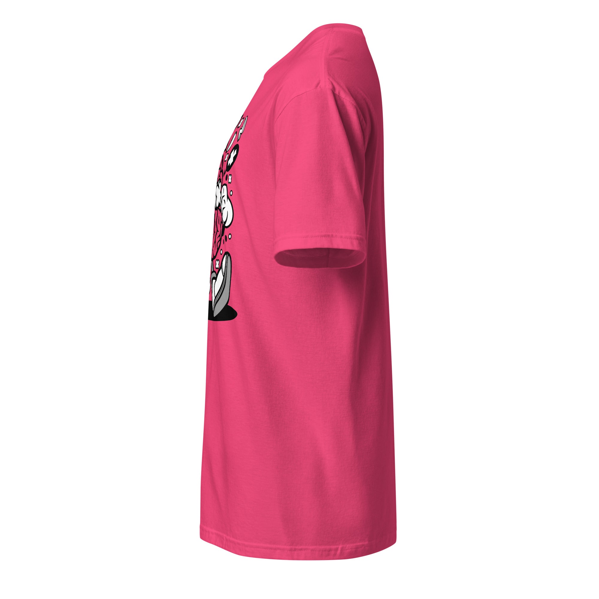 Left view of a plain Pink t-shirt on a white background