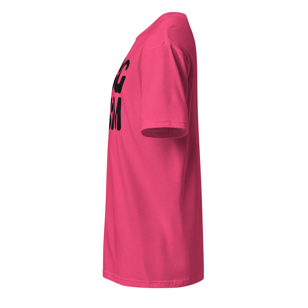 Pink t-shirt left side with black text on front on a white background