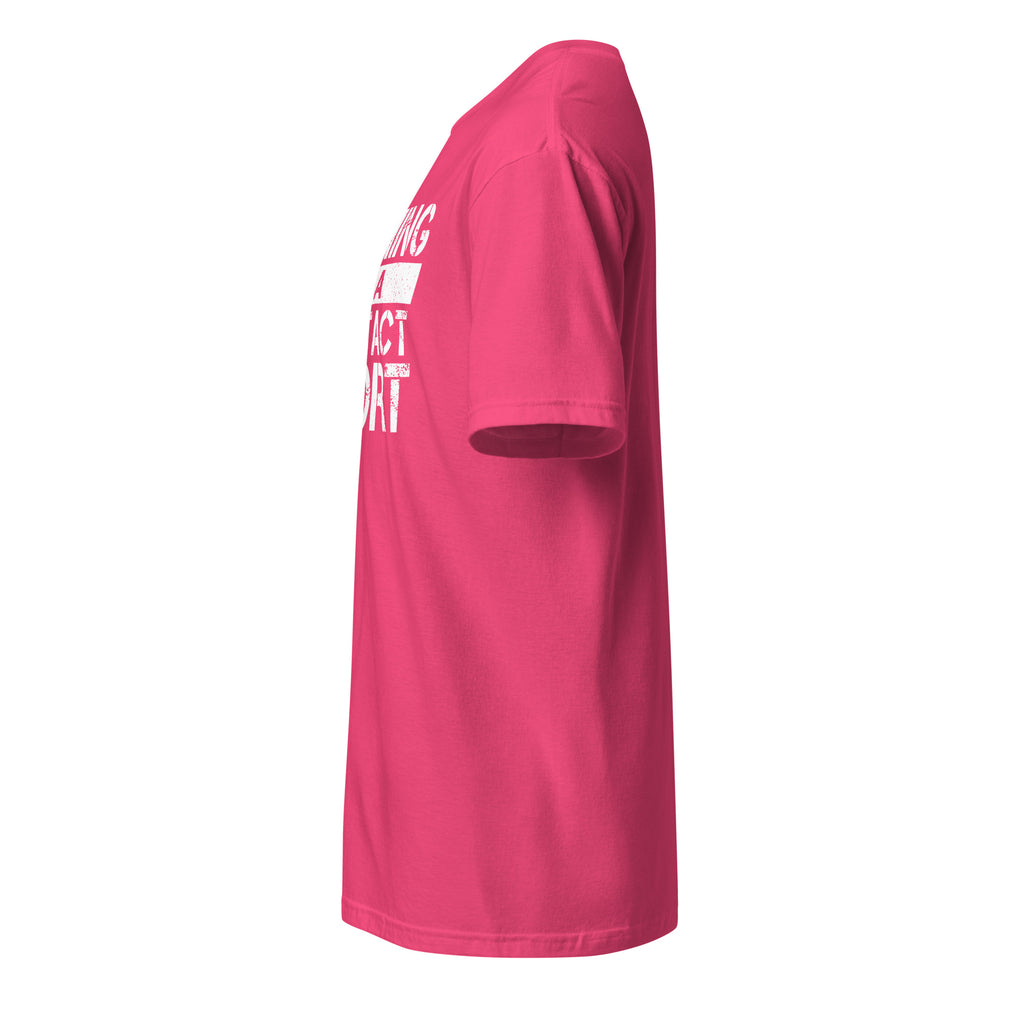 Pink t-shirt left side with white text on the front on a white background