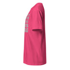 Pink t-shirt left side with text on the front on a white background