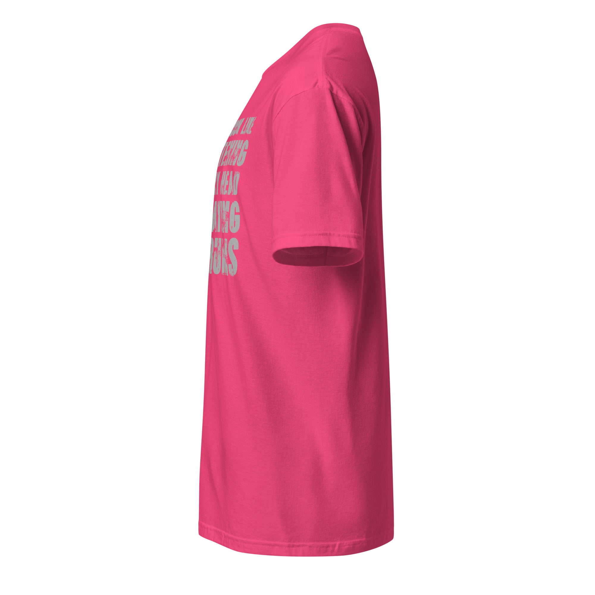 Pink t-shirt left side with text on the front on a white background