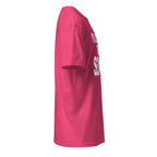 Pink t-shirt right side with text on the front on a white background