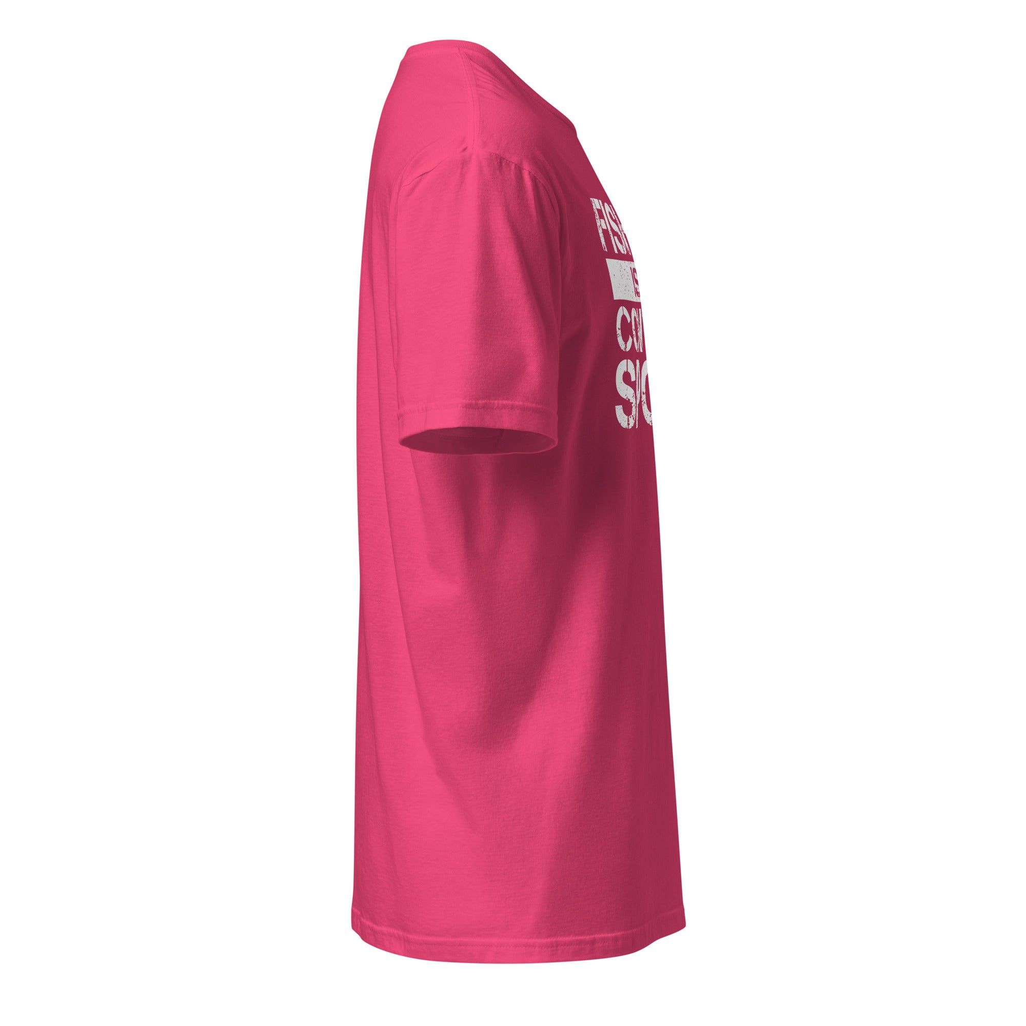 Pink t-shirt right side with white text on the front on a white background