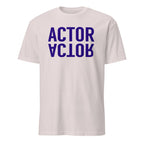 White t-shirt with 'ACTOR' printed in purple on a white background